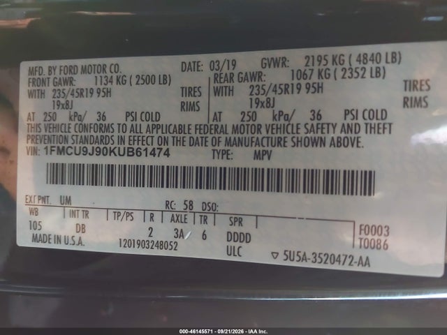 2019 Ford Escape Titanium მანქანა იყიდება აუქციონზე, vin: 1FMCU9J90KUB61474, აუქციონის ნომერი: 46145571