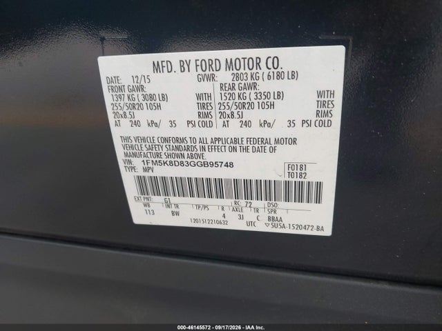 Ford EXPLORER XLT 2016 1FM5K8D83GGB95748 Image 9