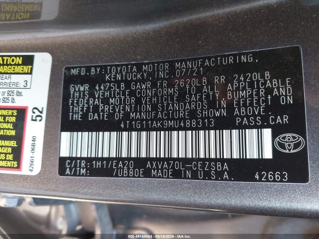 Aukcja sprzedaży 2021 Toyota Camry Se, vin: 4T1G11AK9MU488313, numer aukcji: 46145584