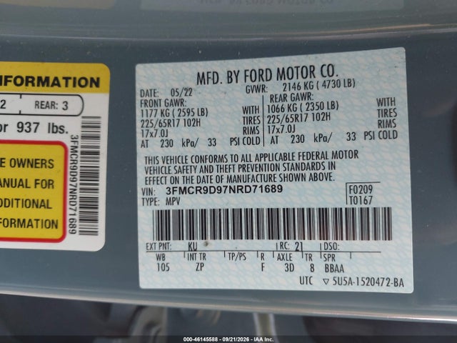 46145588 :رقم المزاد ، 3FMCR9D97NRD71689 vin ، 2022 Ford Bronco Sport Badlands مزاد بيع