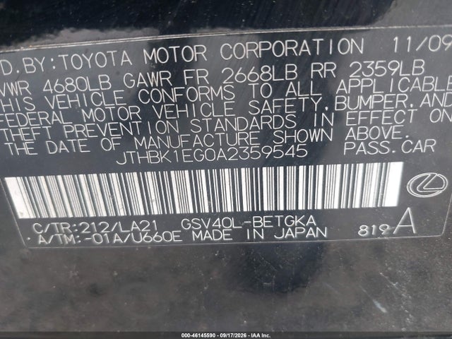 46145590 :رقم المزاد ، JTHBK1EG0A2359545 vin ، 2010 Lexus Es 350 مزاد بيع