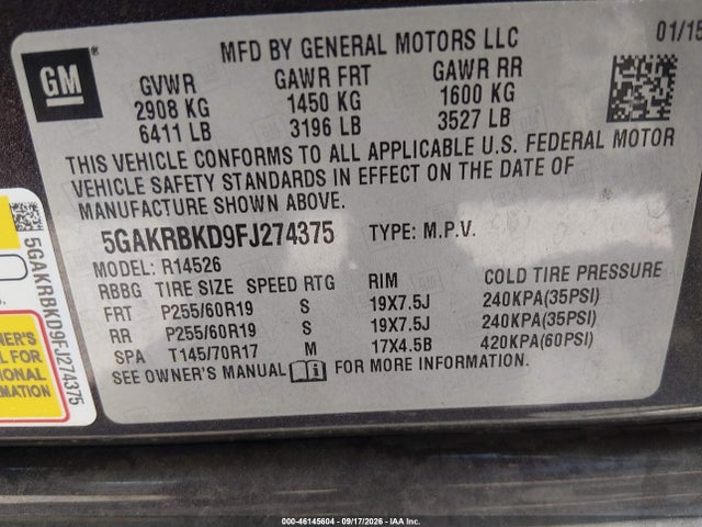 46145604 :رقم المزاد ، 5GAKRBKD9FJ274375 vin ، 2015 Buick Enclave Leather مزاد بيع