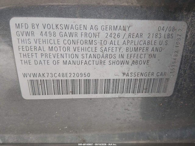 Aukcja sprzedaży 2008 Volkswagen Passat Komfort, vin: WVWAK73C48E220950, numer aukcji: 46145607