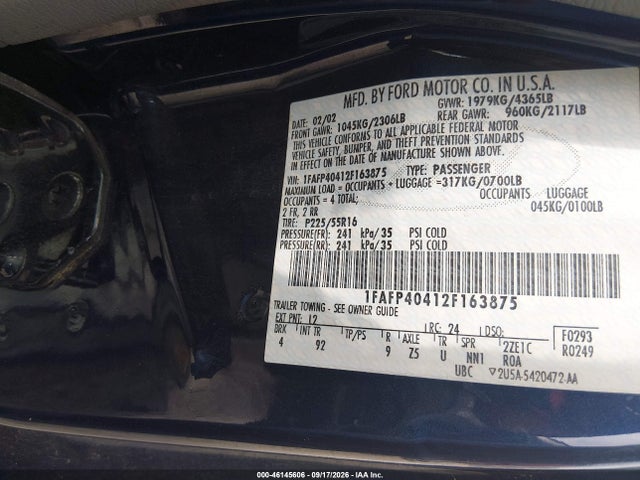 Продажа на аукционе авто 2002 Ford Mustang, vin: 1FAFP40412F163875, номер лота: 46145606