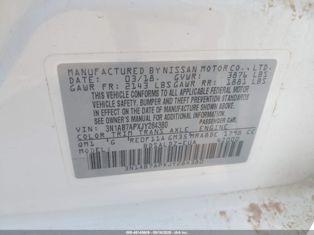 Aukcja sprzedaży 2018 Nissan Sentra Sv, vin: 3N1AB7APXJY284380, numer aukcji: 46145609