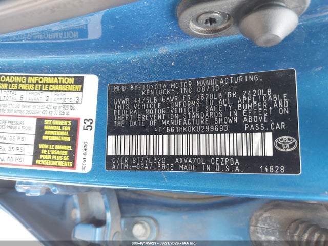 46145621 :رقم المزاد ، 4T1B61HK0KU299693 vin ، 2019 Toyota Camry Xse مزاد بيع