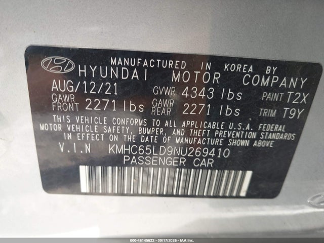 2022 Hyundai Ioniq Plug-in Hybrid Se მანქანა იყიდება აუქციონზე, vin: KMHC65LD9NU269410, აუქციონის ნომერი: 46145622