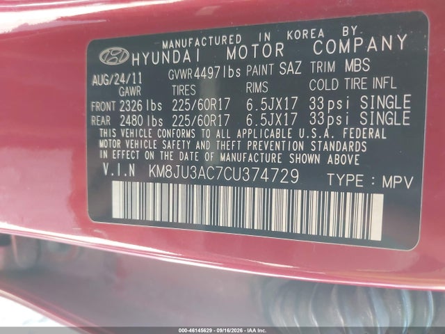 Продаж на аукціоні авто 2012 Hyundai Tucson Gls, vin: KM8JU3AC7CU374729, номер лоту: 46145629