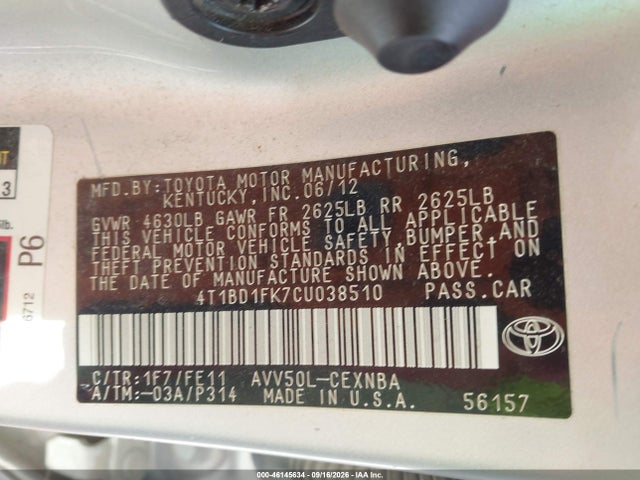 46145634 :رقم المزاد ، 4T1BD1FK7CU038510 vin ، 2012 Toyota Camry Hybrid Le مزاد بيع