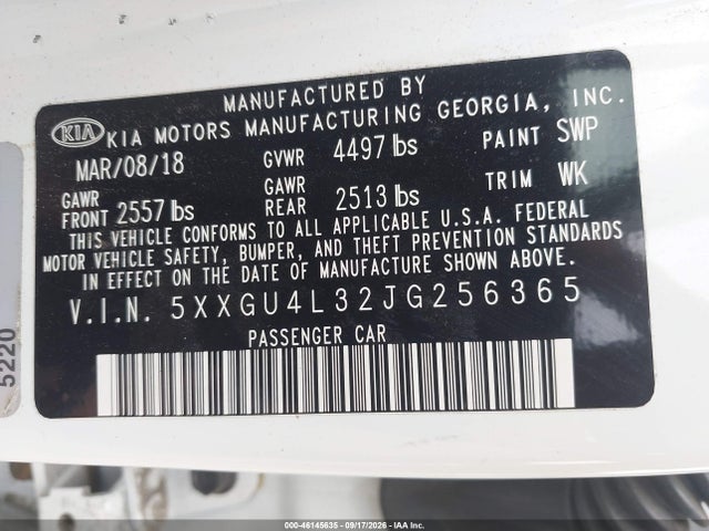 2018 Kia Optima Ex მანქანა იყიდება აუქციონზე, vin: 5XXGU4L32JG256365, აუქციონის ნომერი: 46145635
