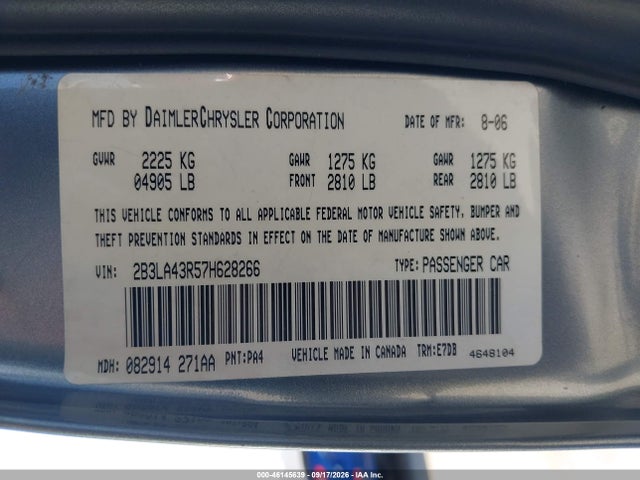 46145639 :رقم المزاد ، 2B3LA43R57H628266 vin ، 2007 Dodge Charger مزاد بيع