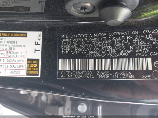 Продаж на аукціоні авто 2021 Toyota Prius Le Awd-e, vin: JTDL9MFU4M3024889, номер лоту: 46145646