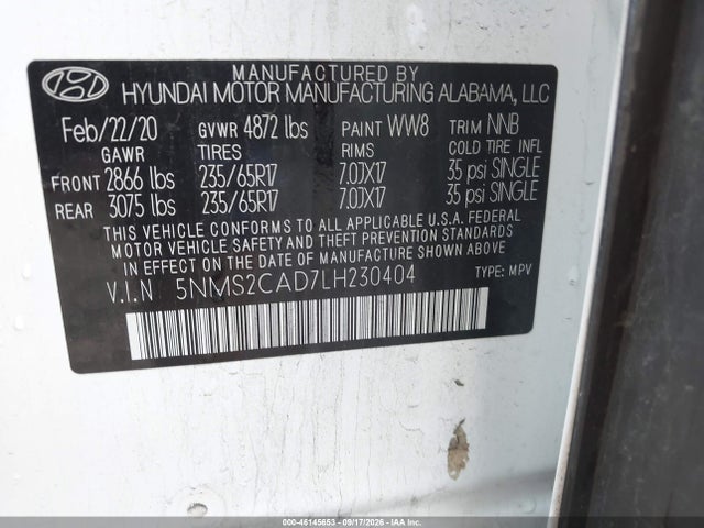 2020 Hyundai Santa Fe Se მანქანა იყიდება აუქციონზე, vin: 5NMS2CAD7LH230404, აუქციონის ნომერი: 46145653
