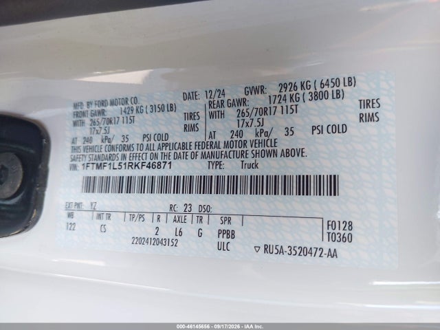 Aukcja sprzedaży 2024 Ford F-150 Xl, vin: 1FTMF1L51RKF46871, numer aukcji: 46145656