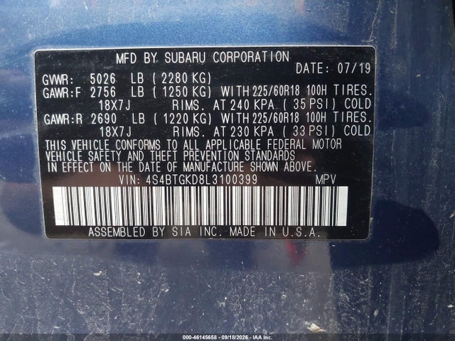 2020 Subaru Outback Onyx Edition Xt მანქანა იყიდება აუქციონზე, vin: 4S4BTGKD8L3100399, აუქციონის ნომერი: 46145658