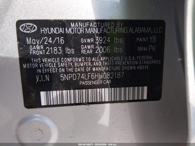 Aukcja sprzedaży 2017 Hyundai Elantra Se, vin: 5NPD74LF6HH082187, numer aukcji: 46145672