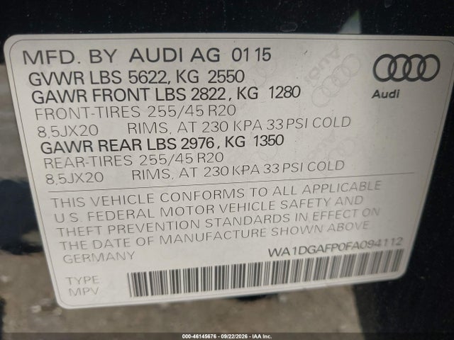 Продажа на аукционе авто 2015 Audi Q5 3.0t Premium Plus, vin: WA1DGAFP0FA094112, номер лота: 46145676