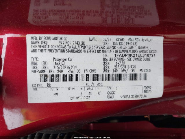 46145678 :رقم المزاد ، 1FADP3K21EL318721 vin ، 2014 Ford Focus Se مزاد بيع