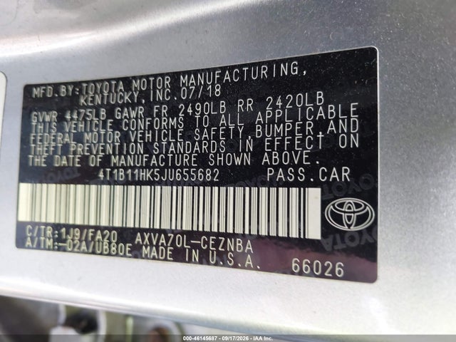 Aukcja sprzedaży 2018 Toyota Camry Le, vin: 4T1B11HK5JU655682, numer aukcji: 46145687