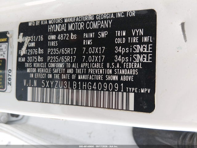 Продаж на аукціоні авто 2017 Hyundai Santa Fe Sport 2.4l, vin: 5XYZU3LB1HG409091, номер лоту: 46145690