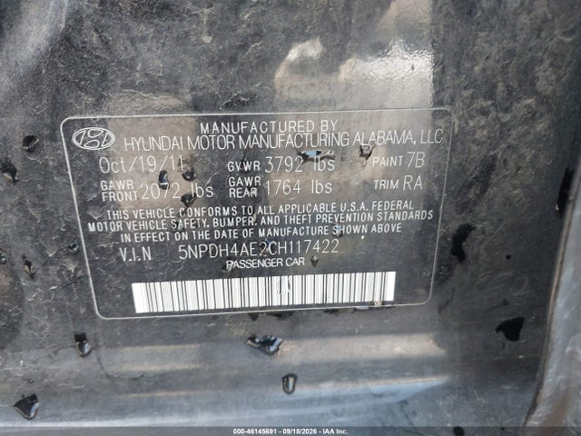 46145691 :رقم المزاد ، 5NPDH4AE2CH117422 vin ، 2012 Hyundai Elantra Gls مزاد بيع