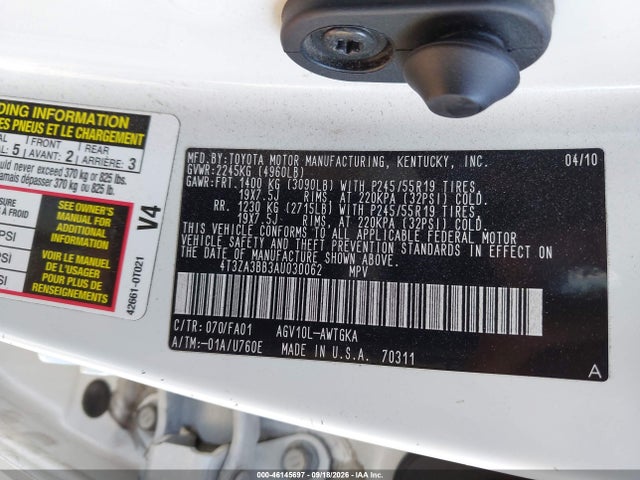 Aukcja sprzedaży 2010 Toyota Venza, vin: 4T3ZA3BB3AU030062, numer aukcji: 46145697