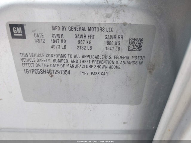 Aukcja sprzedaży 2012 Chevrolet Cruze Ls, vin: 1G1PC5SH4C7291354, numer aukcji: 46145703