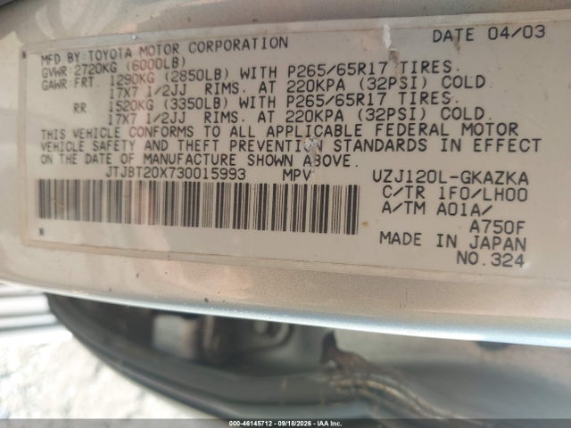46145712 :رقم المزاد ، JTJBT20X730015993 vin ، 2003 Lexus Gx 470 مزاد بيع