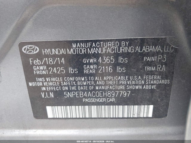 Продажа на аукционе авто 2014 Hyundai Sonata Gls, vin: 5NPEB4AC0EH897797, номер лота: 46145714