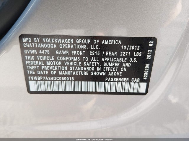 46145719 :رقم المزاد ، 1VWBP7A34DC050018 vin ، 2013 Volkswagen Passat 2.5l Se مزاد بيع