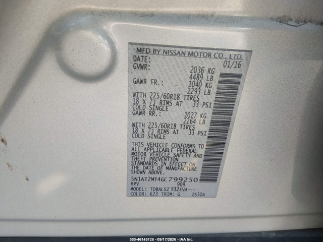 46145728 :رقم المزاد ، 5N1AT2MT4GC799250 vin ، 2016 Nissan Rogue Sl مزاد بيع