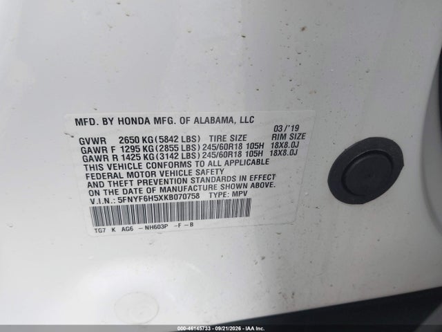 Aukcja sprzedaży 2019 Honda Pilot Ex-l, vin: 5FNYF6H5XKB070758, numer aukcji: 46145733