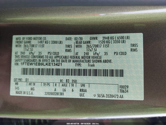 Продаж на аукціоні авто 2020 Ford F-150 Xlt, vin: 1FTEW1EB9LKE13421, номер лоту: 46145736