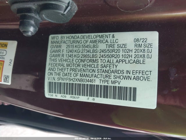 Продаж на аукціоні авто 2022 Honda Pilot 2wd Special Edition, vin: 5FNYF5H2XNB034461, номер лоту: 46145739