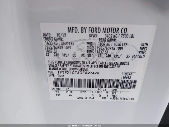 Продаж на аукціоні авто 2013 Ford F-150 Xlt, vin: 1FTFX1CT3DFA27424, номер лоту: 46145743