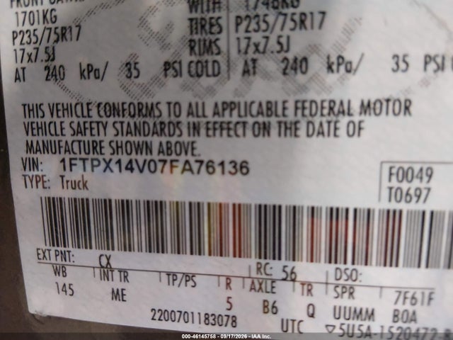 2007 Ford F-150 Fx4/lariat/xl/xlt მანქანა იყიდება აუქციონზე, vin: 1FTPX14V07FA76136, აუქციონის ნომერი: 46145758