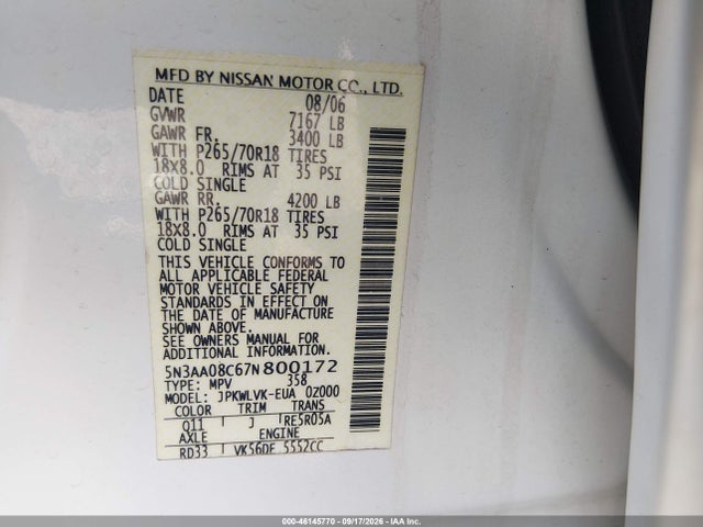 Aukcja sprzedaży 2007 Infiniti Qx56, vin: 5N3AA08C67N800172, numer aukcji: 46145770