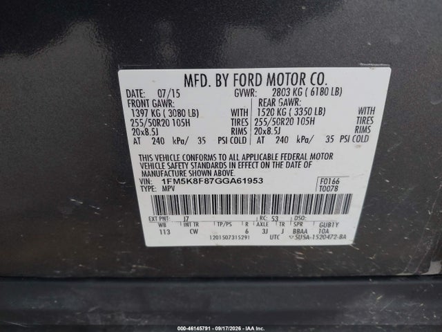 Aukcja sprzedaży 2016 Ford Explorer Limited, vin: 1FM5K8F87GGA61953, numer aukcji: 46145791