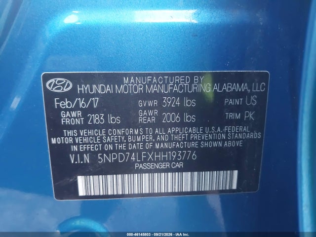 Aukcja sprzedaży 2017 Hyundai Elantra Se, vin: 5NPD74LFXHH193776, numer aukcji: 46145803
