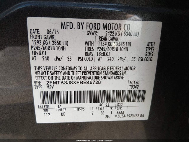 46145822 :رقم المزاد ، 2FMTK3J8XFBB46728 vin ، 2015 Ford Edge Sel مزاد بيع