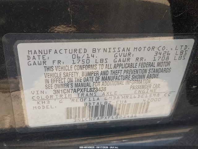 2015 Nissan Versa 1.6 Sv მანქანა იყიდება აუქციონზე, vin: 3N1CN7APXFL823438, აუქციონის ნომერი: 46145825