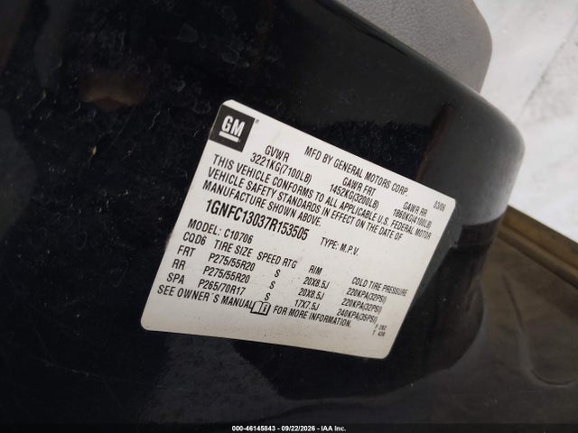 46145843 :رقم المزاد ، 1GNFC13037R153505 vin ، 2007 Chevrolet Tahoe Ltz مزاد بيع