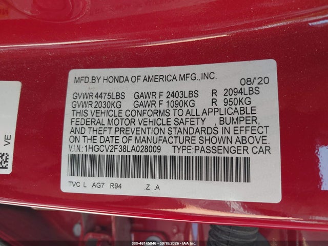 Продажа на аукционе авто 2020 Honda Accord Sport 2.0t, vin: 1HGCV2F38LA028009, номер лота: 46145846