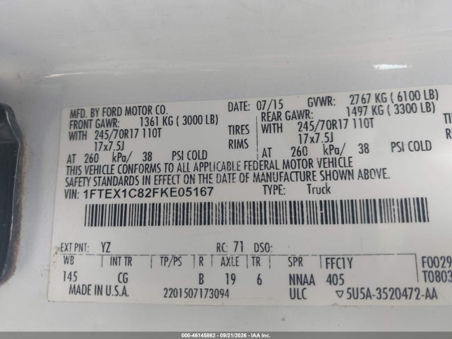 46145862 :رقم المزاد ، 1FTEX1C82FKE05167 vin ، 2015 Ford F-150 Xl مزاد بيع