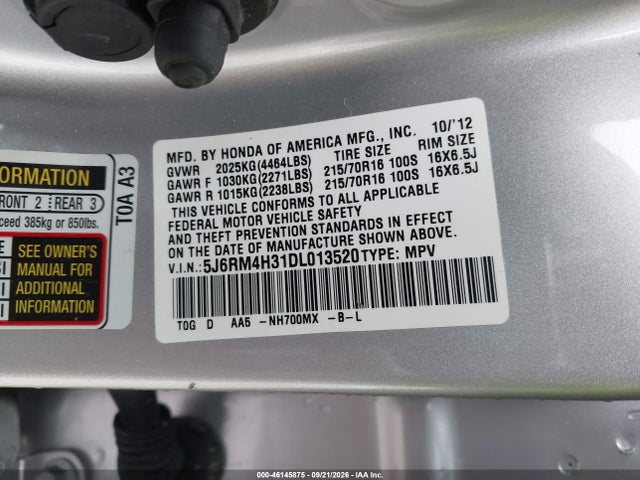 46145875 :رقم المزاد ، 5J6RM4H31DL013520 vin ، 2013 Honda Cr-v Lx مزاد بيع