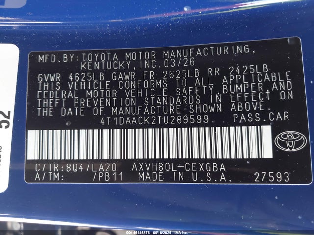 Toyota CAMRY XLE 2026 4T1DAACK2TU289599 Image 9