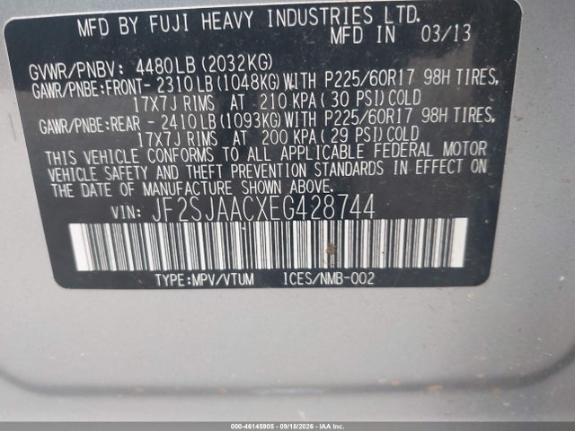 Aukcja sprzedaży 2014 Subaru Forester 2.5i, vin: JF2SJAACXEG428744, numer aukcji: 46145905