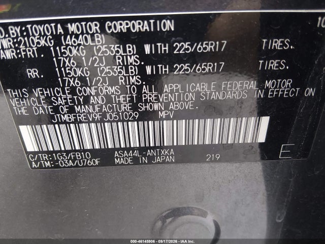 2015 Toyota Rav4 Le მანქანა იყიდება აუქციონზე, vin: JTMBFREV9FJ051029, აუქციონის ნომერი: 46145906