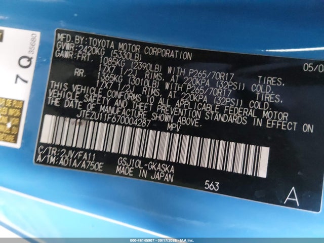 Aukcja sprzedaży 2007 Toyota Fj Cruiser, vin: JTEZU11F670004287, numer aukcji: 46145907