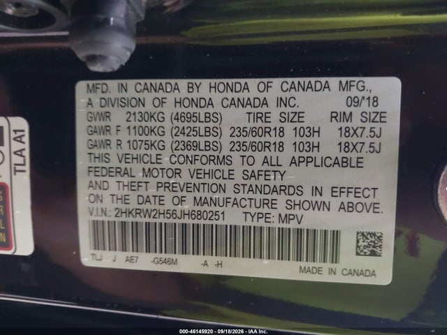 46145920 :رقم المزاد ، 2HKRW2H56JH680251 vin ، 2018 Honda Cr-v Ex مزاد بيع